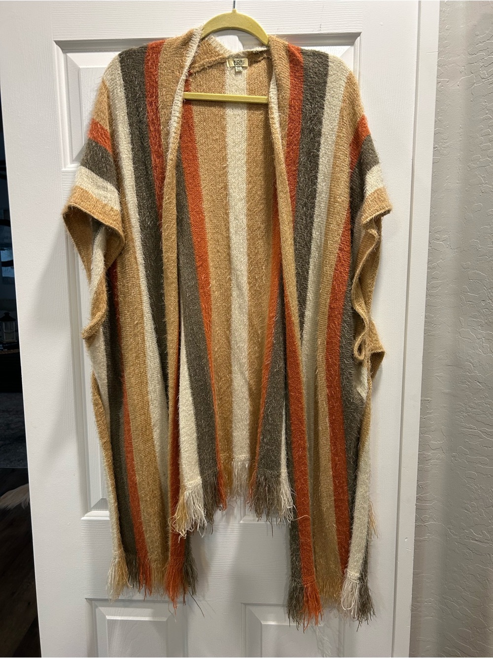 Kori Open-Front Striped Fringe Poncho in Cream, Tan, Brown & Rust